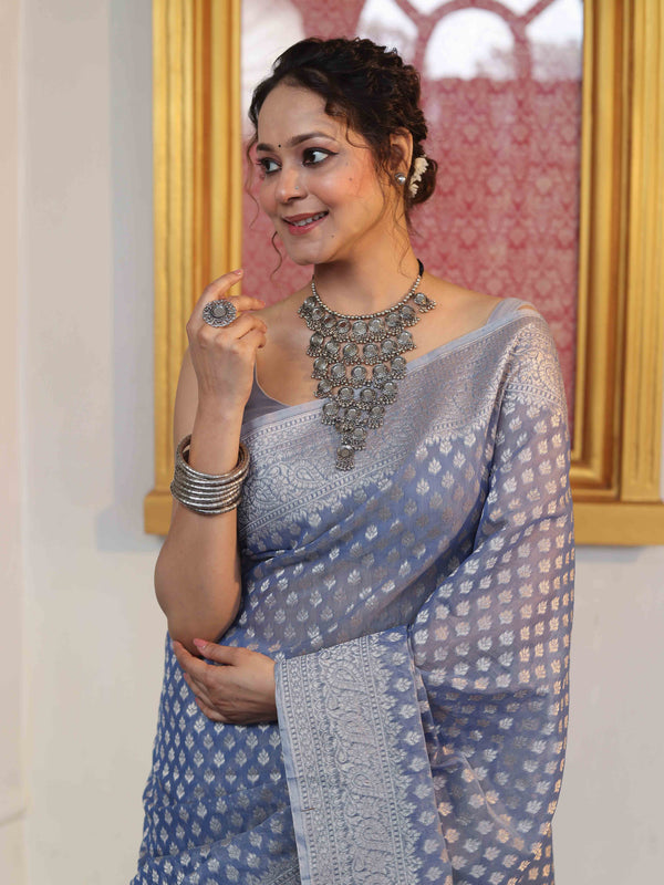 Banarasee Faux Georgette Saree With Zari Buti Design & Floral Border-Light Blue