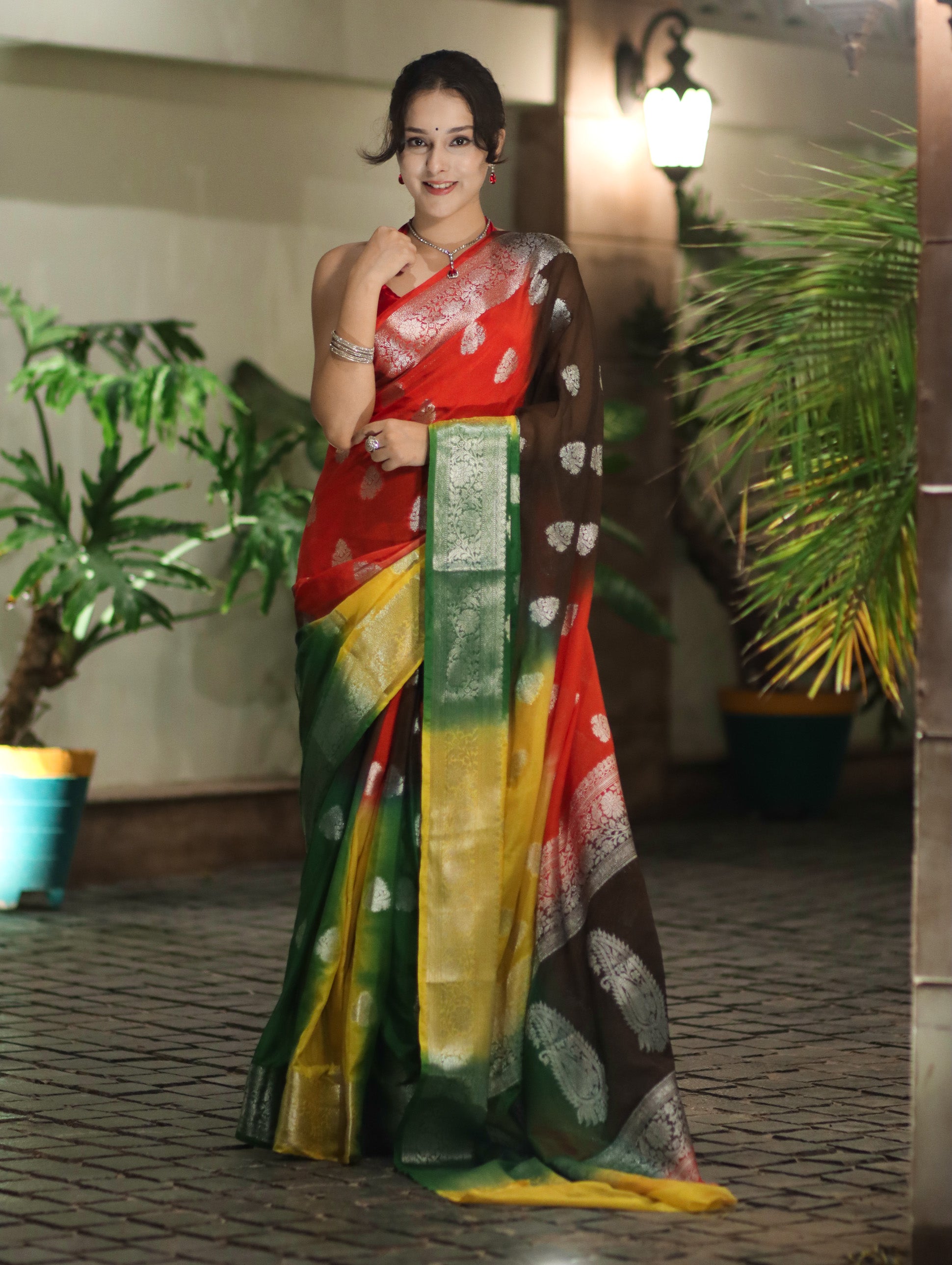 Banarasee Handwoven Semi-Chiffon Shibori Dyed Saree With Zari Work-Multicolor