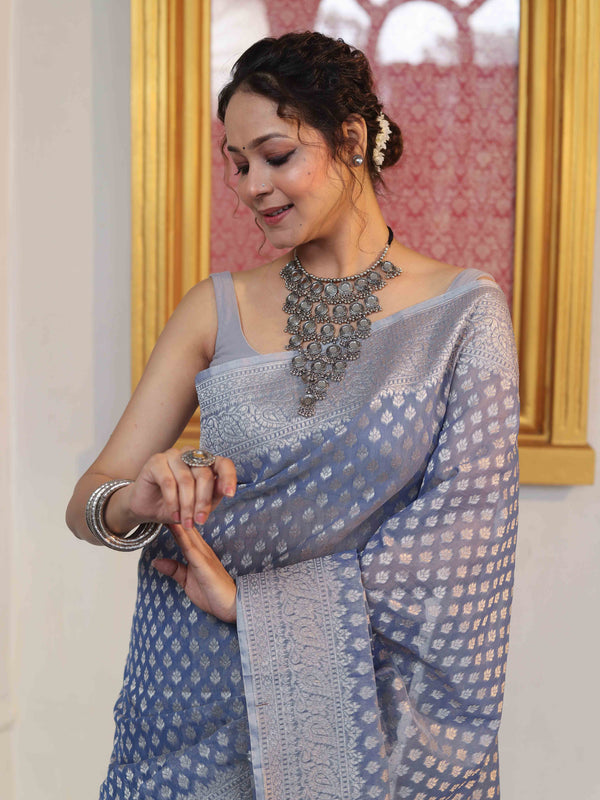 Banarasee Faux Georgette Saree With Zari Buti Design & Floral Border-Light Blue