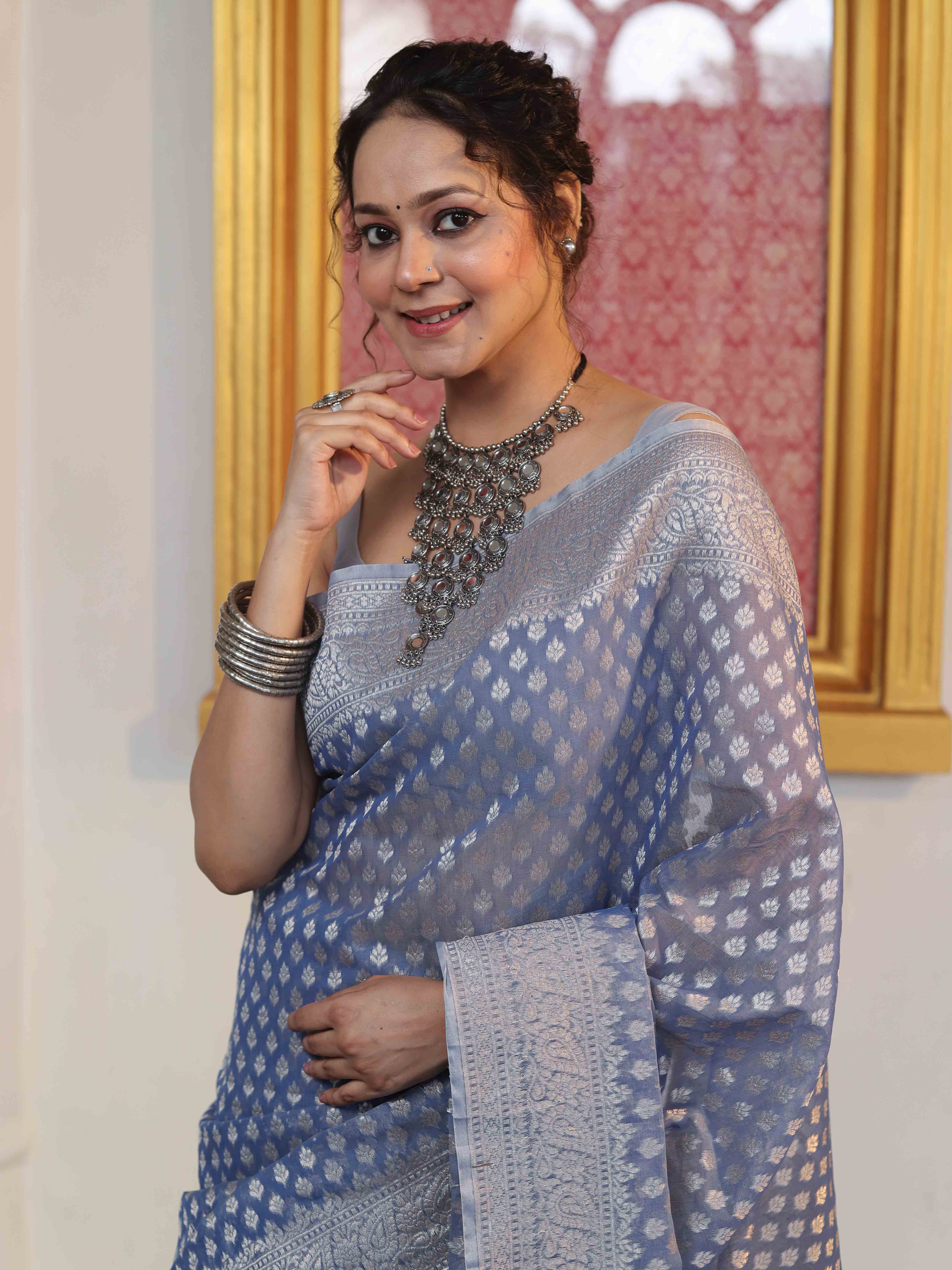 Banarasee Faux Georgette Saree With Zari Buti Design & Floral Border-Light Blue