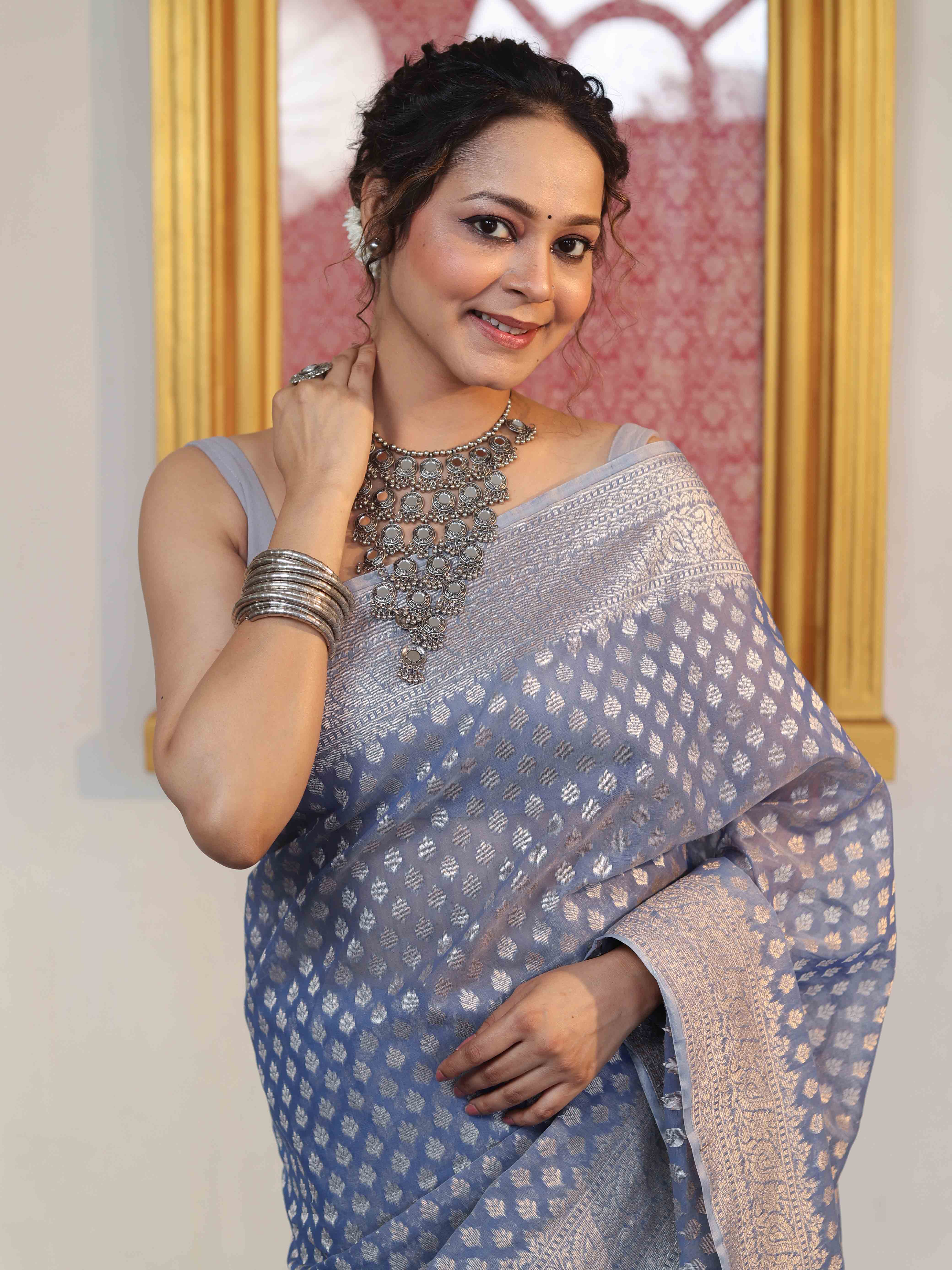 Banarasee Faux Georgette Saree With Zari Buti Design & Floral Border-Light Blue