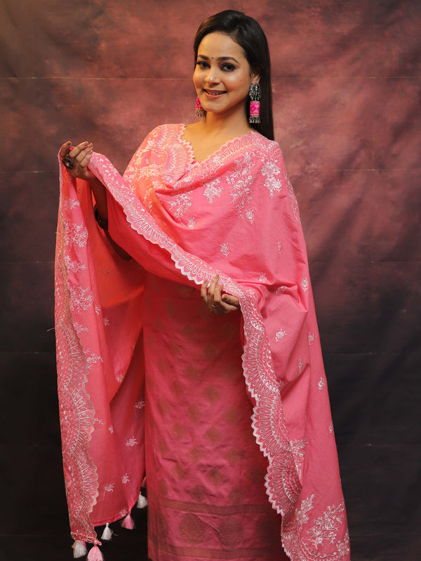 Banarasee Chanderi Cotton Salwar Kameez With Dupatta Set-Pink