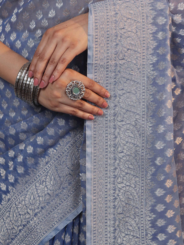Banarasee Faux Georgette Saree With Zari Buti Design & Floral Border-Light Blue