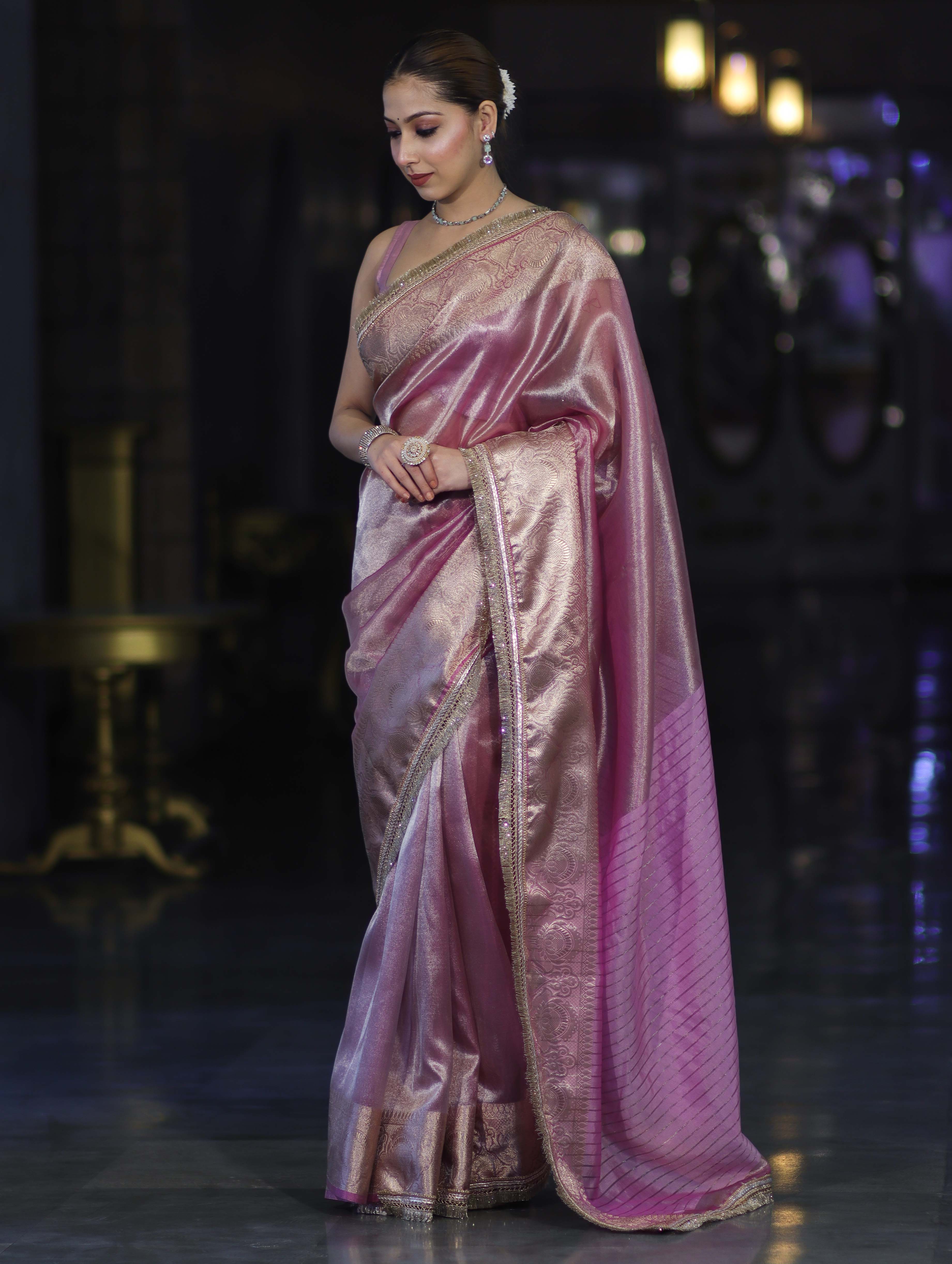 Banarasee Handloom Plain Tissue Saree With Zari Border & Lace-Light Pink