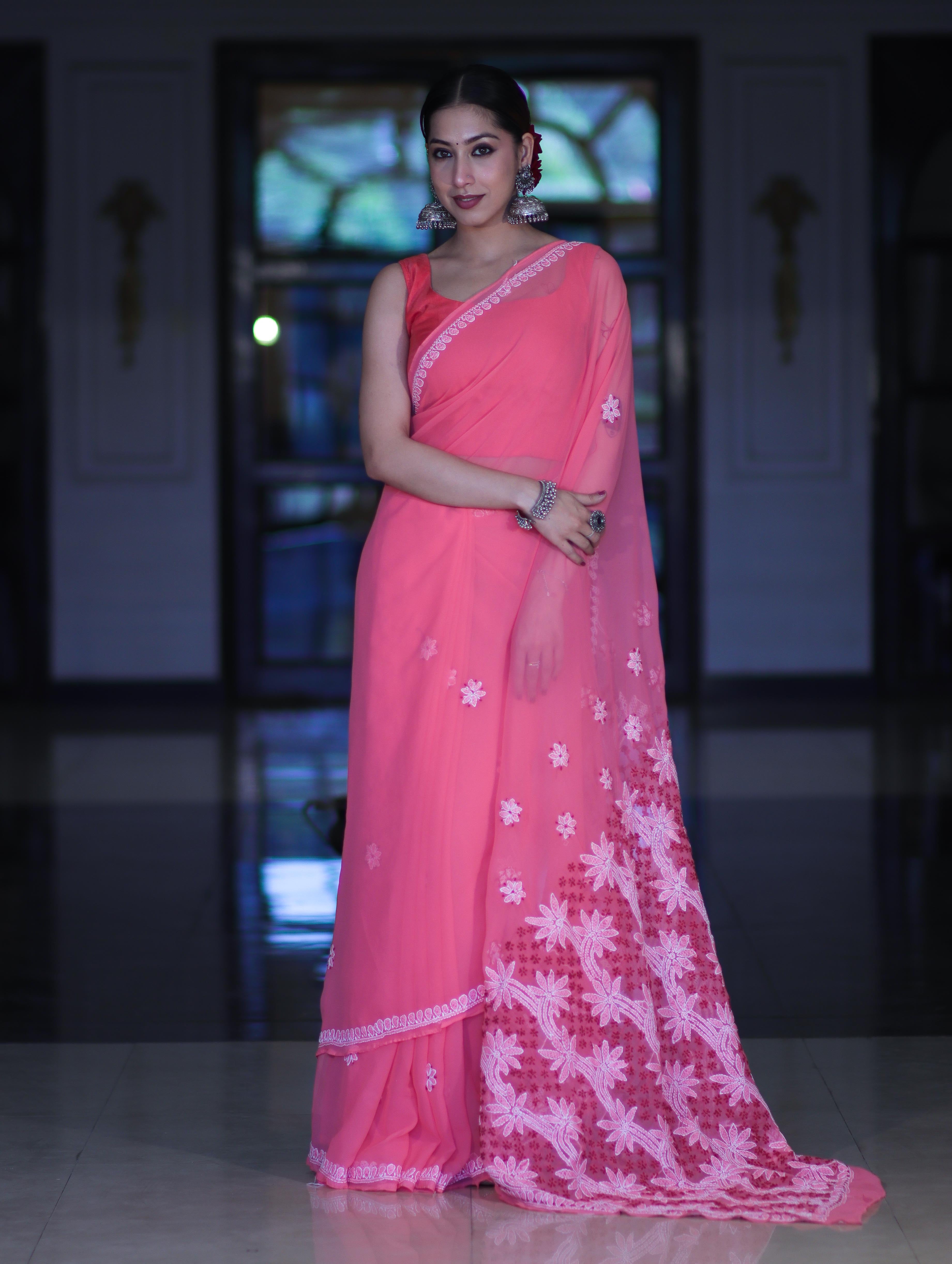 Banarasee Handwoven Georgette Saree With Chikankari Work-Peach