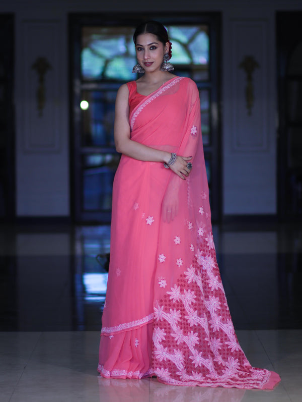 Banarasee Handwoven Georgette Saree With Chikankari Work-Peach