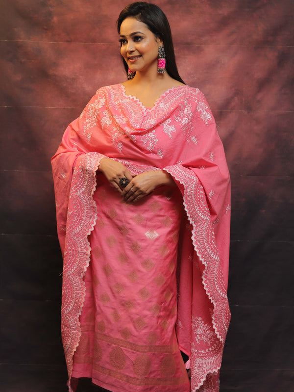 Banarasee Chanderi Cotton Salwar Kameez With Dupatta Set-Pink