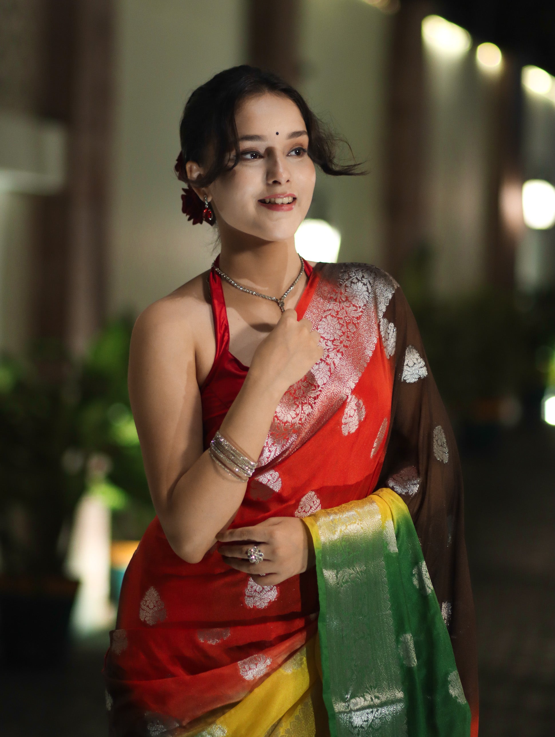 Banarasee Handwoven Semi-Chiffon Shibori Dyed Saree With Zari Work-Multicolor