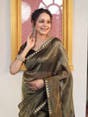 Banarasee Handloom Stripe Pattern Tissue Saree With Zari Border-Black & Gold