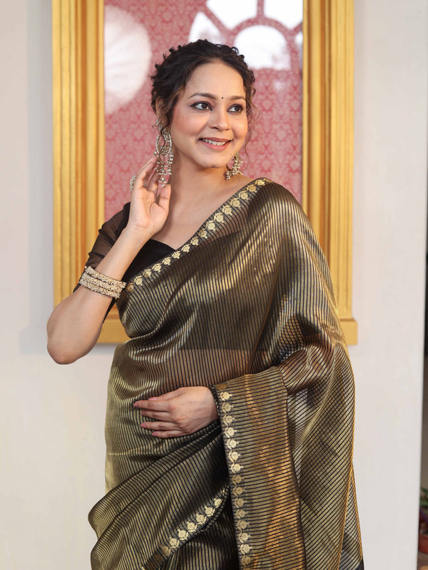 Banarasee Handloom Stripe Pattern Tissue Saree With Zari Border-Black & Gold