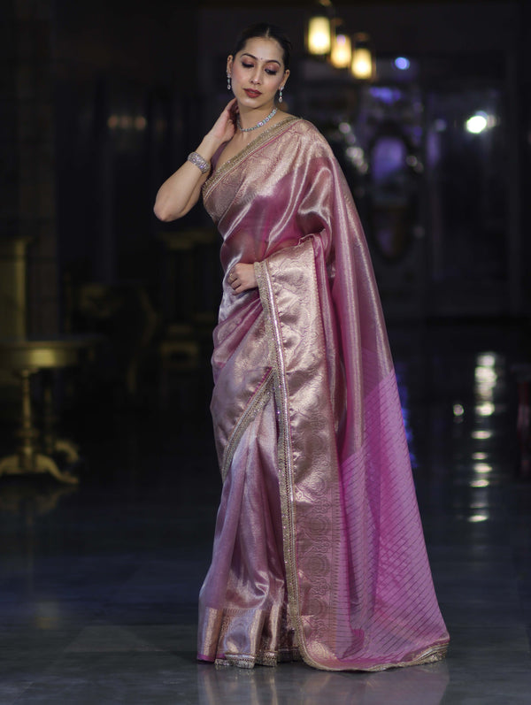 Banarasee Handloom Plain Tissue Saree With Zari Border & Lace-Light Pink