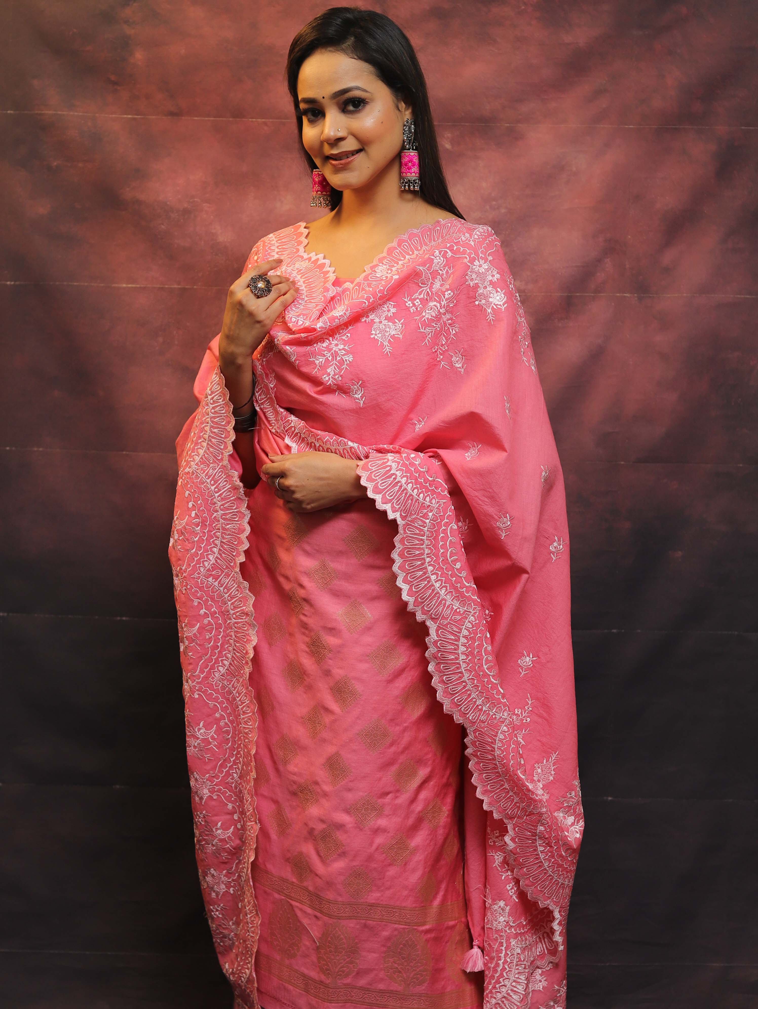 Banarasee Chanderi Cotton Salwar Kameez With Dupatta Set-Pink