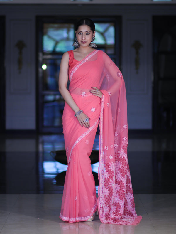 Banarasee Handwoven Georgette Saree With Chikankari Work-Peach