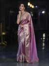 Banarasee Handloom Plain Tissue Saree With Zari Border & Lace-Light Pink