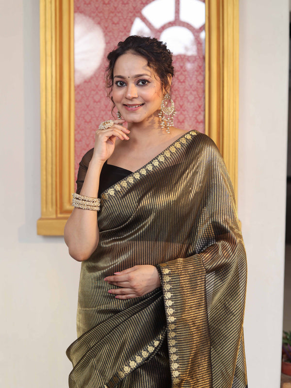 Banarasee Handloom Stripe Pattern Tissue Saree With Zari Border-Black & Gold