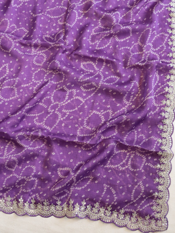 Banarasee Chiffon Bandhani Print Saree With Hand Work-Lavender