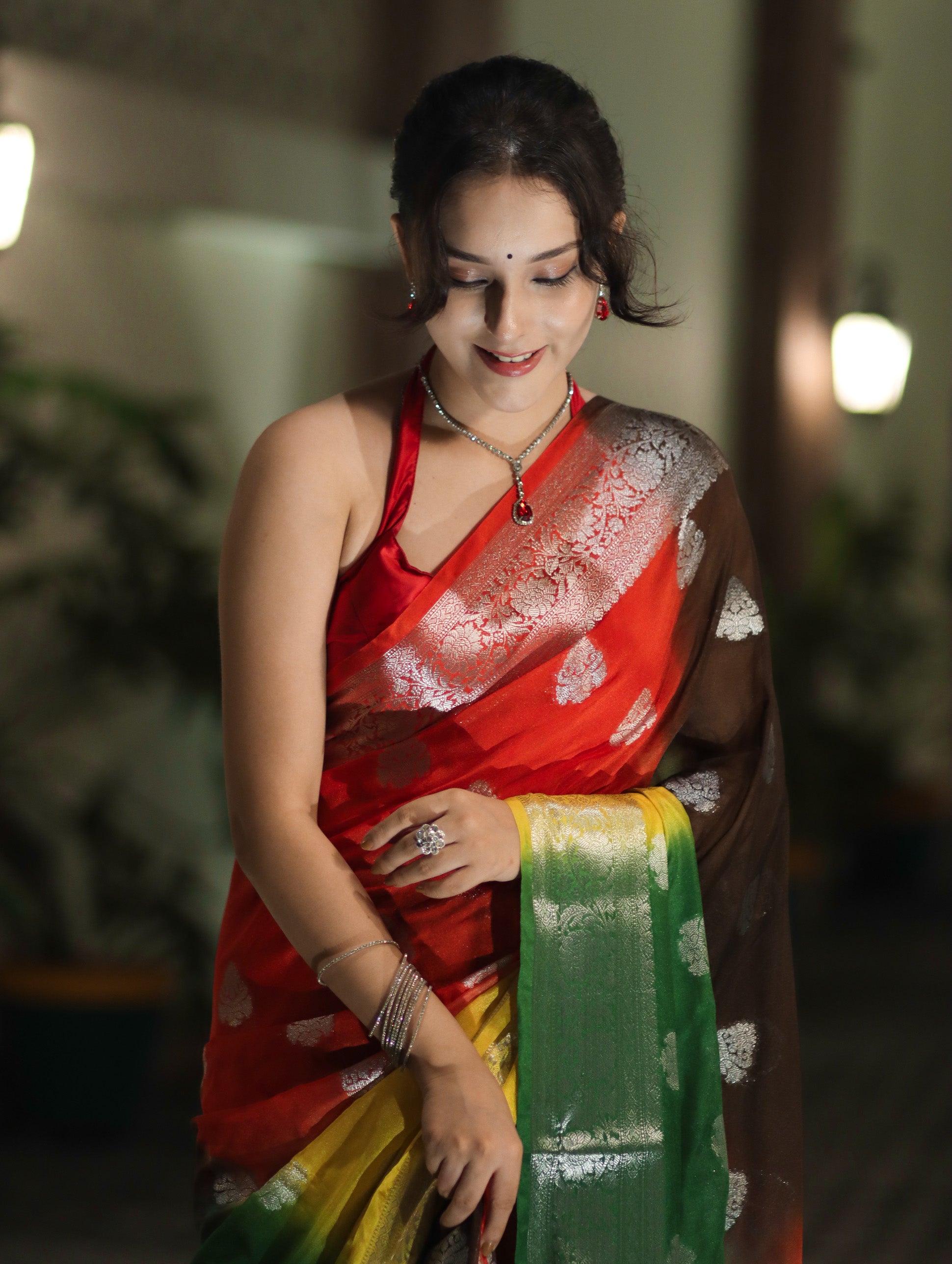 Banarasee Handwoven Semi-Chiffon Shibori Dyed Saree With Zari Work-Multicolor