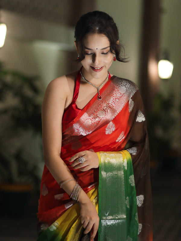 Banarasee Handwoven Semi-Chiffon Shibori Dyed Saree With Zari Work-Multicolor