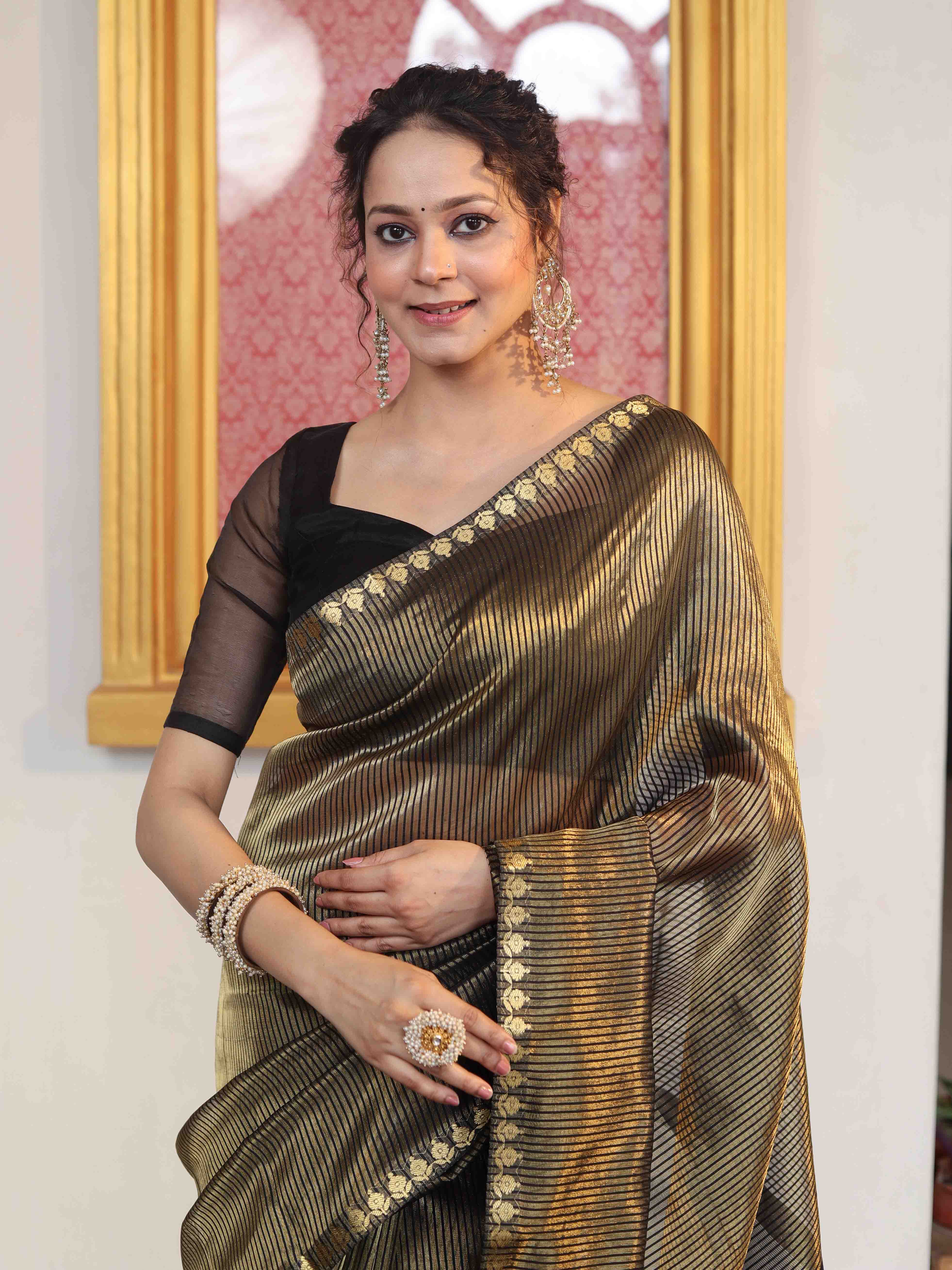 Banarasee Handloom Stripe Pattern Tissue Saree With Zari Border-Black & Gold