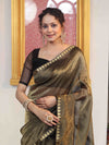 Banarasee Handloom Stripe Pattern Tissue Saree With Zari Border-Black & Gold