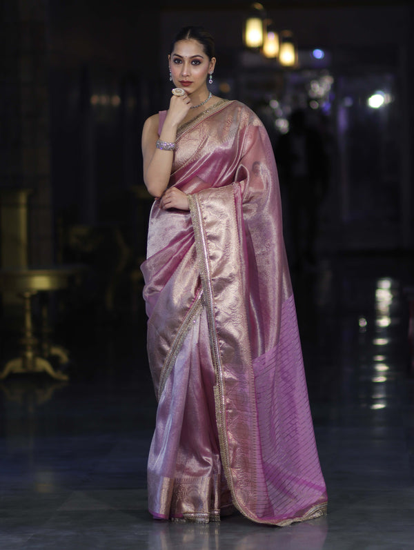 Banarasee Handloom Plain Tissue Saree With Zari Border & Lace-Light Pink
