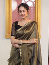 Banarasee Handloom Stripe Pattern Tissue Saree With Zari Border-Black & Gold