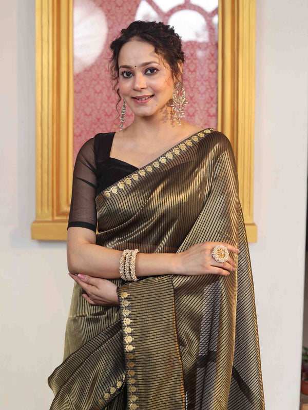 Banarasee Handloom Stripe Pattern Tissue Saree With Zari Border-Black & Gold