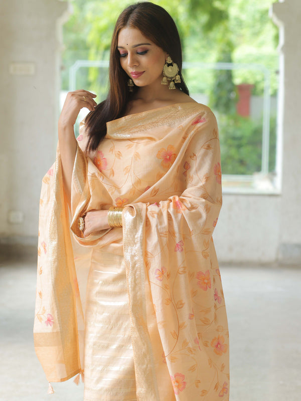 Banarasee Chanderi Cotton Zari Buti Salwar Kameez Fabric With Hand-Painted Dupatta-Peach