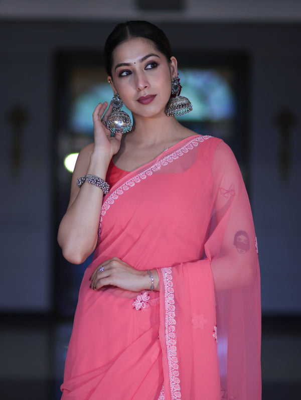 Banarasee Handwoven Georgette Saree With Chikankari Work-Peach