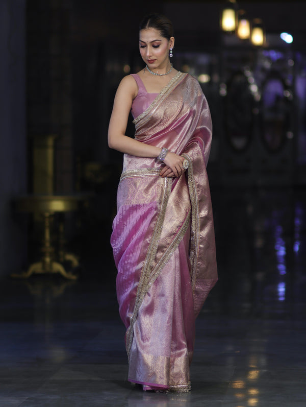 Banarasee Handloom Plain Tissue Saree With Zari Border & Lace-Light Pink