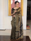 Banarasee Handloom Stripe Pattern Tissue Saree With Zari Border-Black & Gold