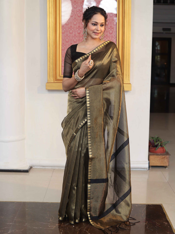 Banarasee Handloom Stripe Pattern Tissue Saree With Zari Border-Black & Gold