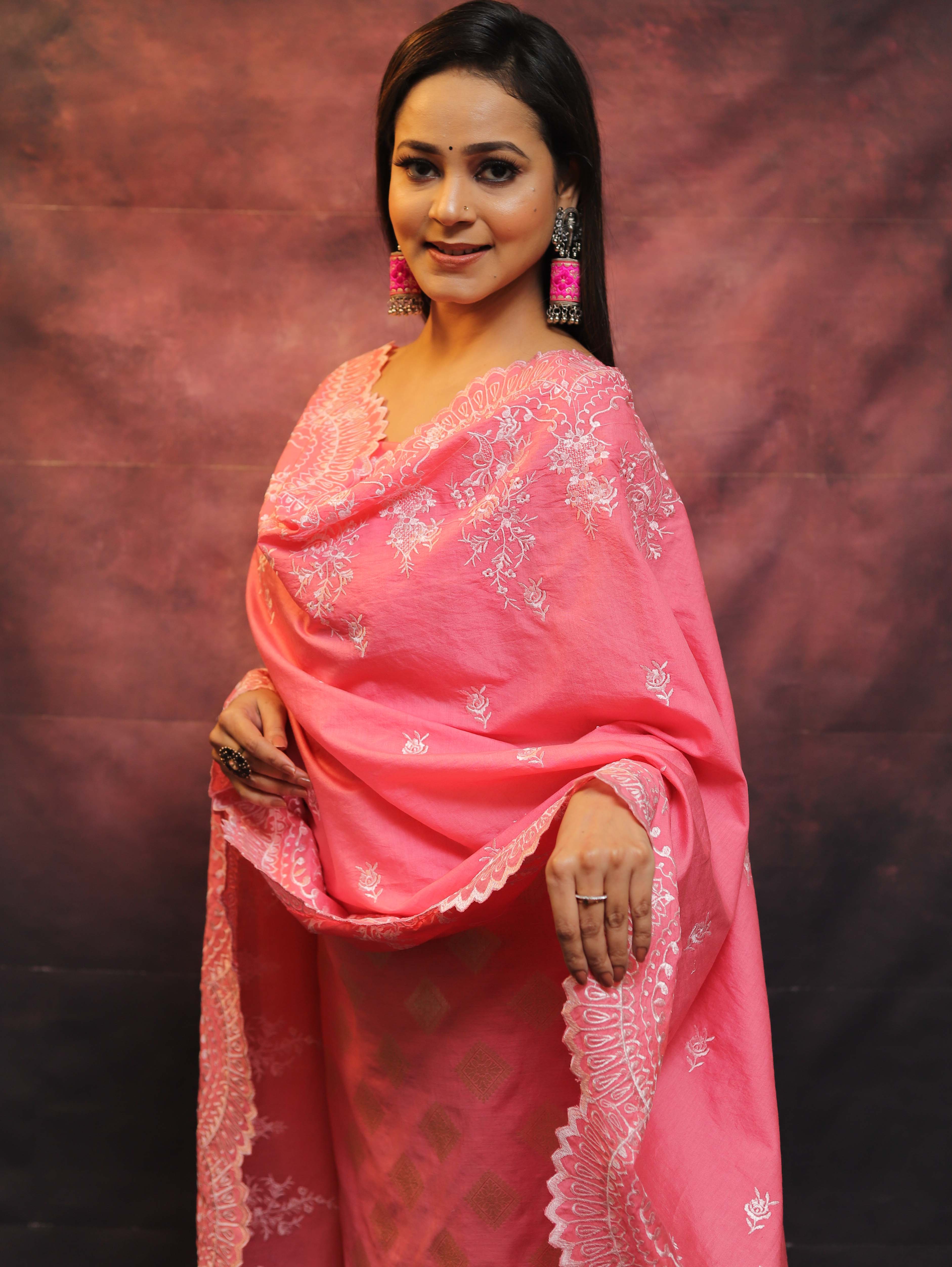 Banarasee Chanderi Cotton Salwar Kameez With Dupatta Set-Pink