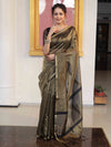 Banarasee Handloom Stripe Pattern Tissue Saree With Zari Border-Black & Gold