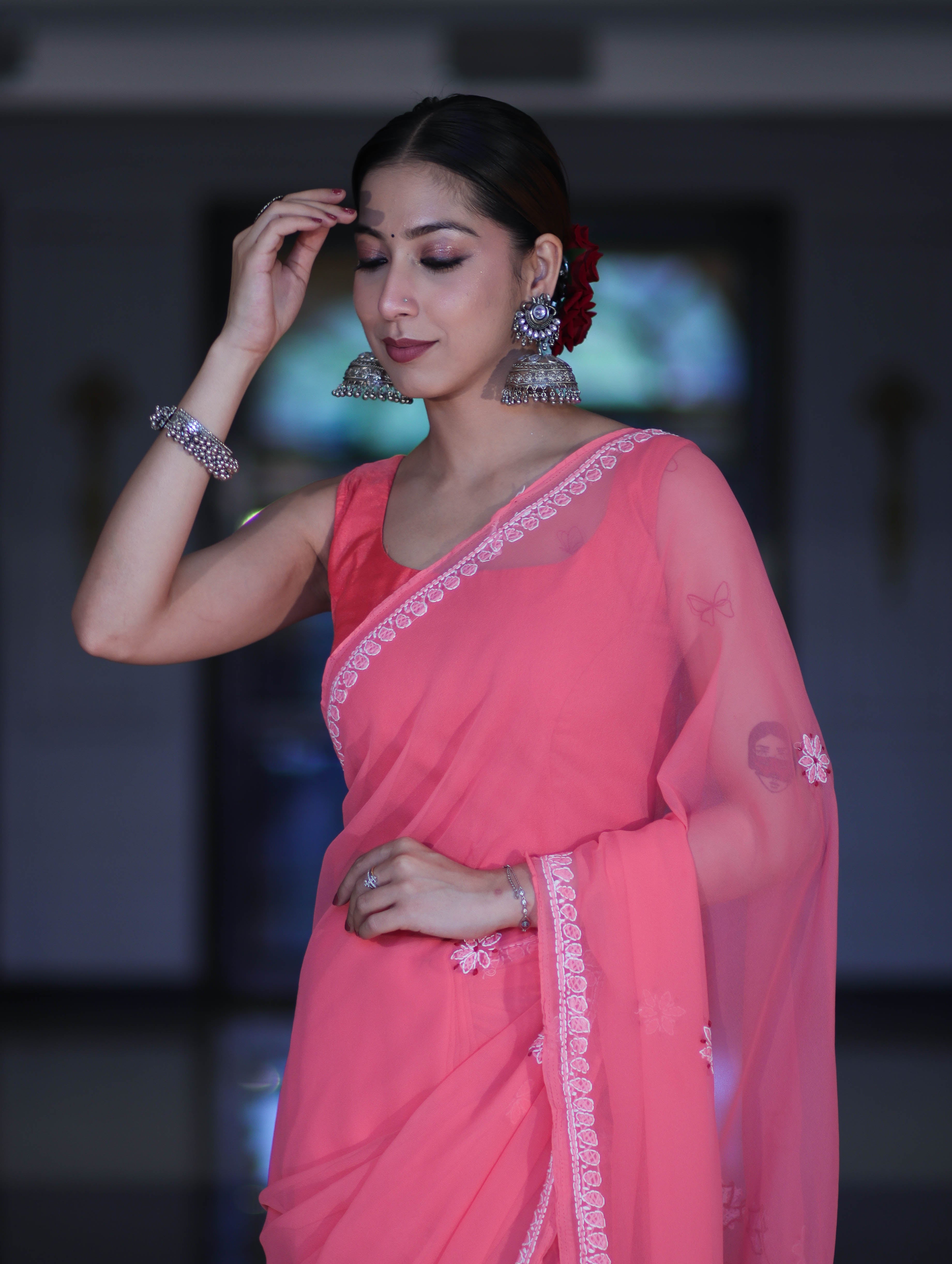 Banarasee Handwoven Georgette Saree With Chikankari Work-Peach
