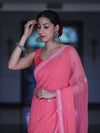 Banarasee Handwoven Georgette Saree With Chikankari Work-Peach
