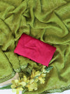 Banarasee Chiffon Bandhani Print Saree & Hand Work With Contrast Blouse-Henna Green