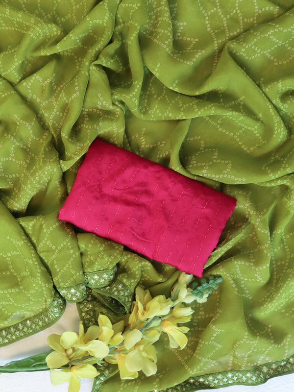 Banarasee Chiffon Bandhani Print Saree & Hand Work With Contrast Blouse-Henna Green
