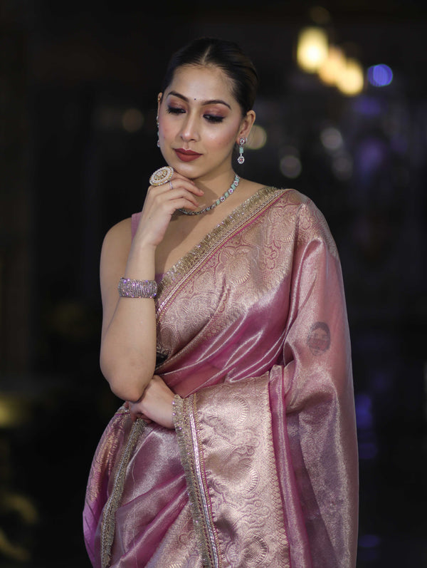 Banarasee Handloom Plain Tissue Saree With Zari Border & Lace-Light Pink