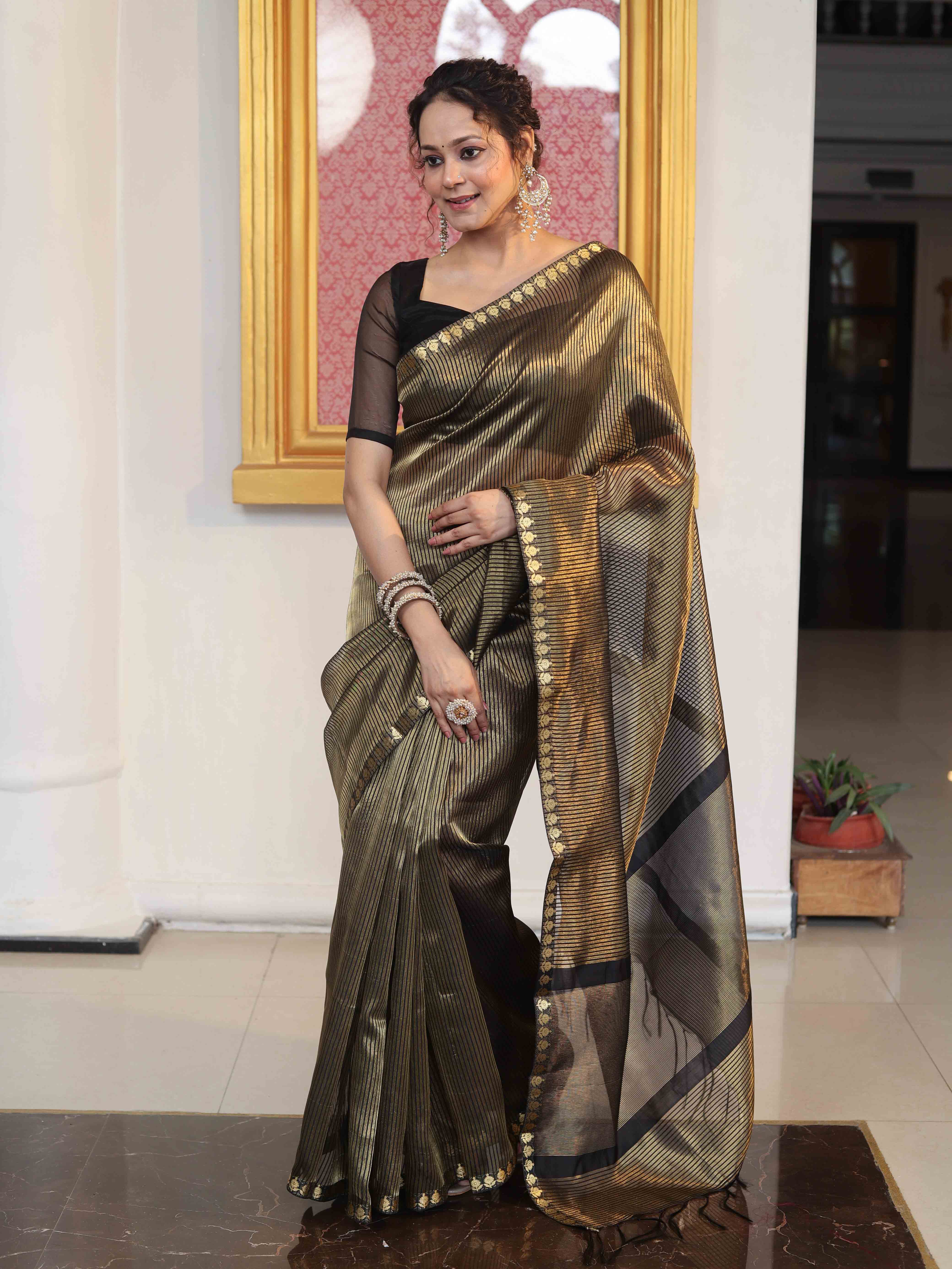 Banarasee Handloom Stripe Pattern Tissue Saree With Zari Border-Black & Gold