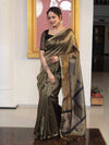Banarasee Handloom Stripe Pattern Tissue Saree With Zari Border-Black & Gold