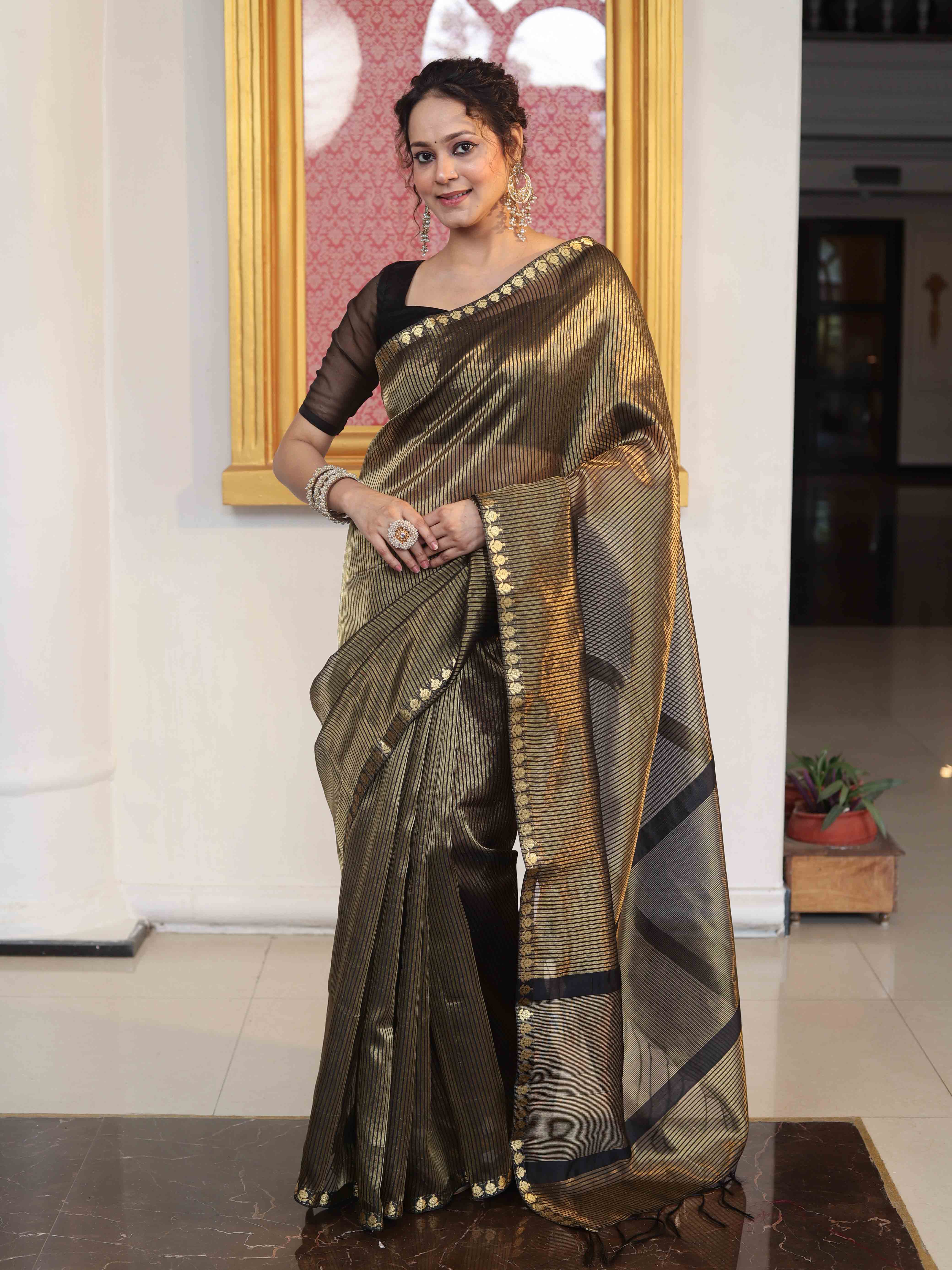 Banarasee Handloom Stripe Pattern Tissue Saree With Zari Border-Black & Gold