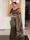 Banarasee Handloom Stripe Pattern Tissue Saree With Zari Border-Black & Gold