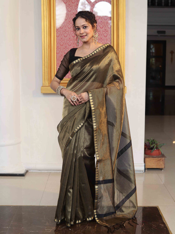 Banarasee Handloom Stripe Pattern Tissue Saree With Zari Border-Black & Gold