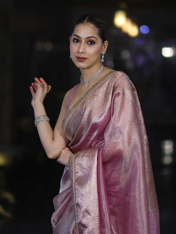 Banarasee Handloom Plain Tissue Saree With Zari Border & Lace-Light Pink
