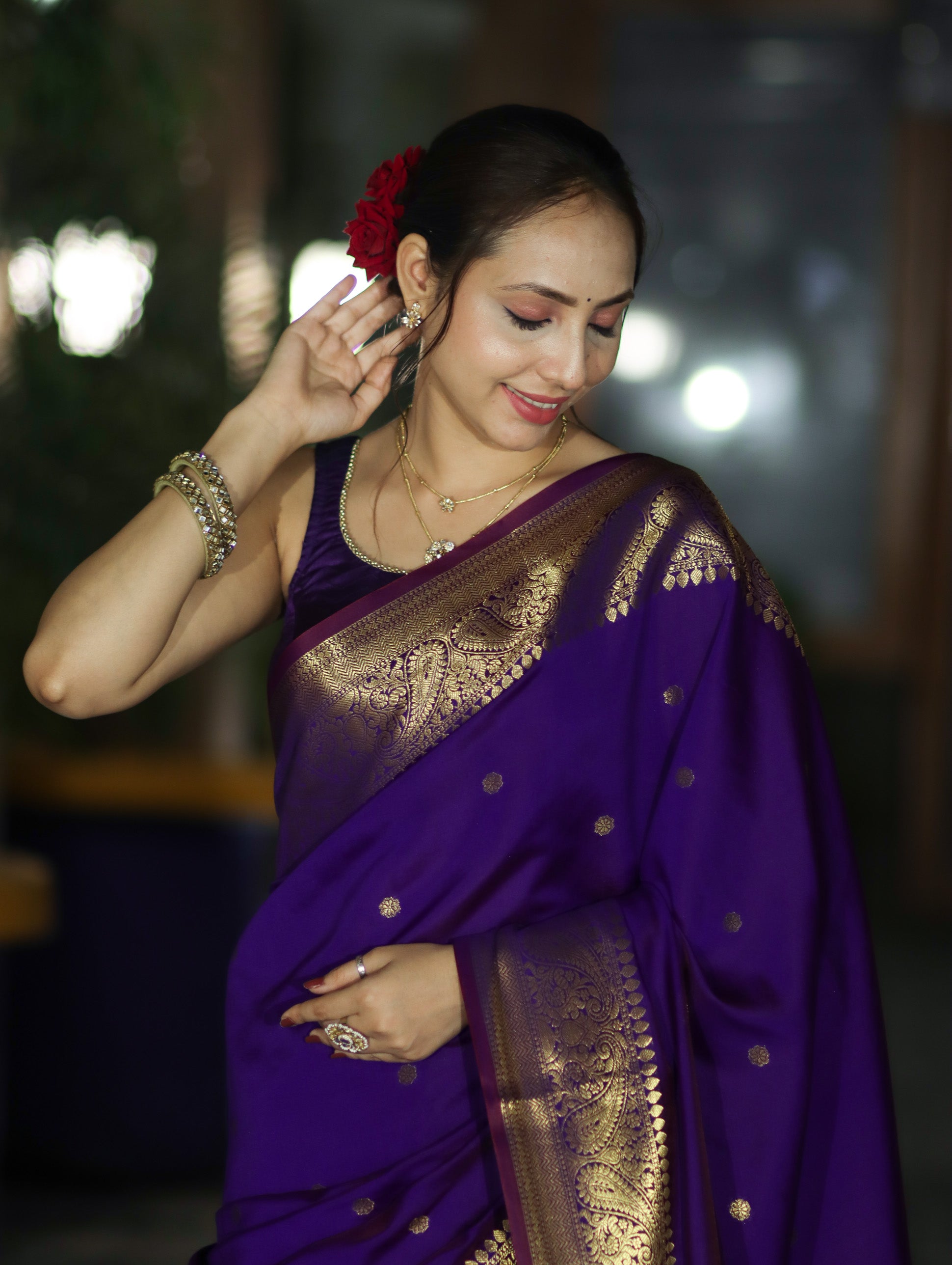 Banarasee Handwoven Semi Silk Saree With Zari Buti Design & Border-Violet
