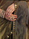 Banarasee Handloom Stripe Pattern Tissue Saree With Zari Border-Black & Gold