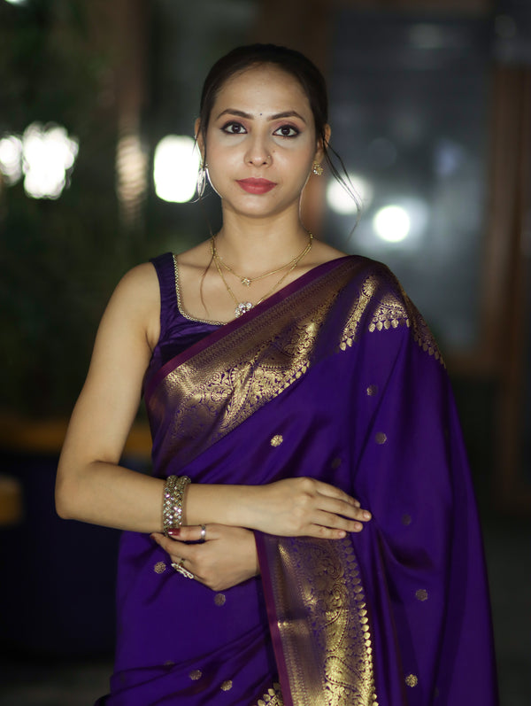 Banarasee Handwoven Semi Silk Saree With Zari Buti Design & Border-Violet