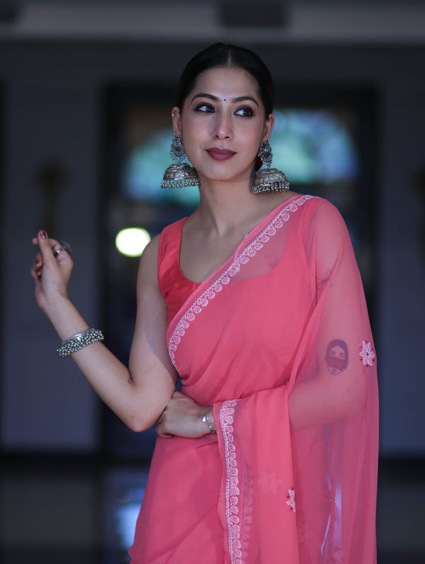 Banarasee Handwoven Georgette Saree With Chikankari Work-Peach