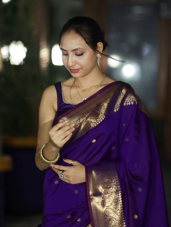 Banarasee Handwoven Semi Silk Saree With Zari Buti Design & Border-Violet